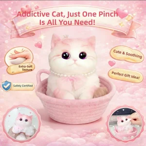 Kawaii cat Squishy Toy Hand Painted Lifelike Kitty Doll in Pink Basket Lace Collar Bow Soft Decoration Gift for Cat Lovers